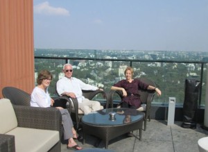 Lounge on top of the Marriott Hotel with a view of Pune.